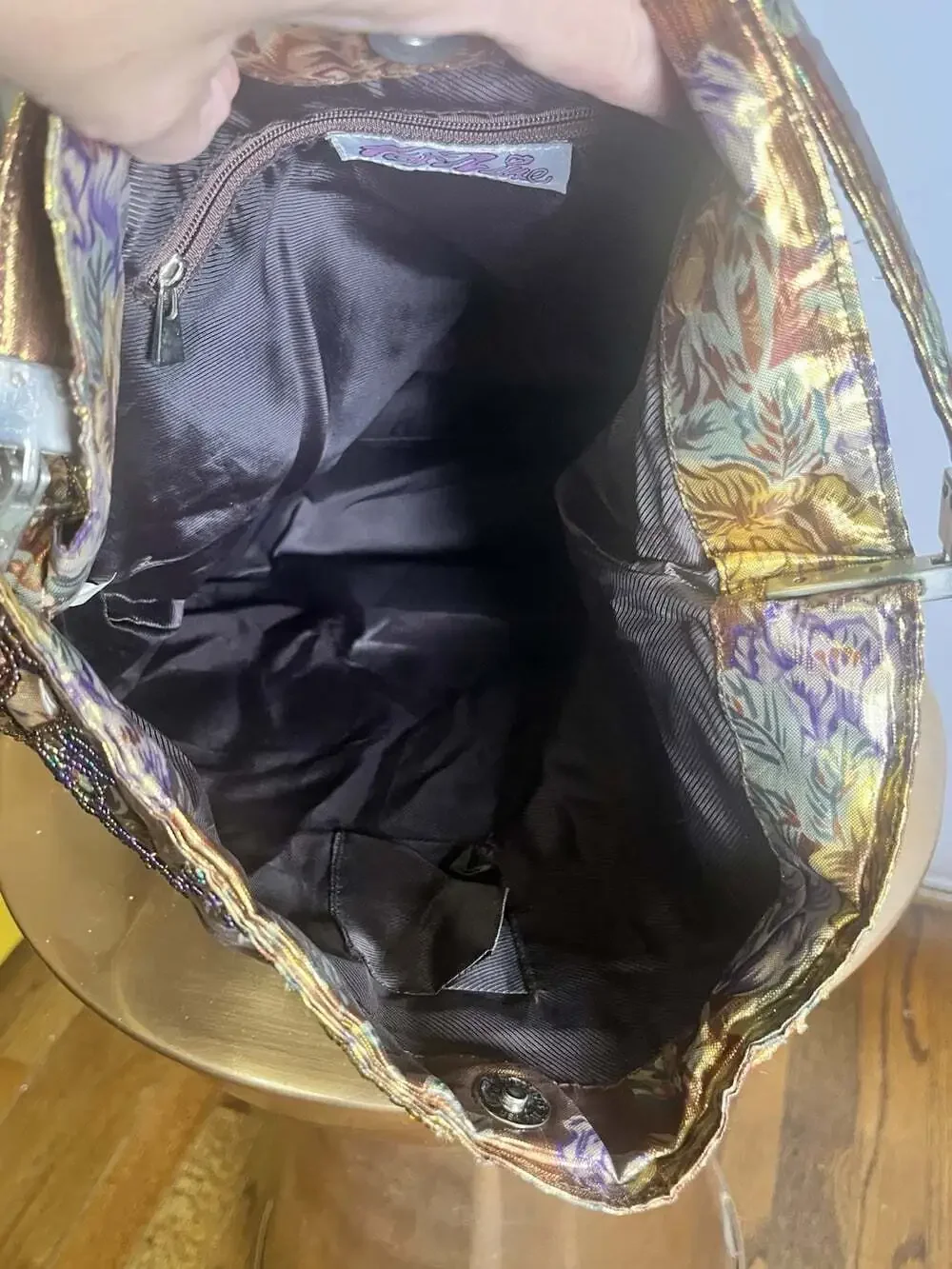 Vintage Far Nine Glass Beaded Hobo Bag Purse Metallic Rose Gold Whimsical Y2K